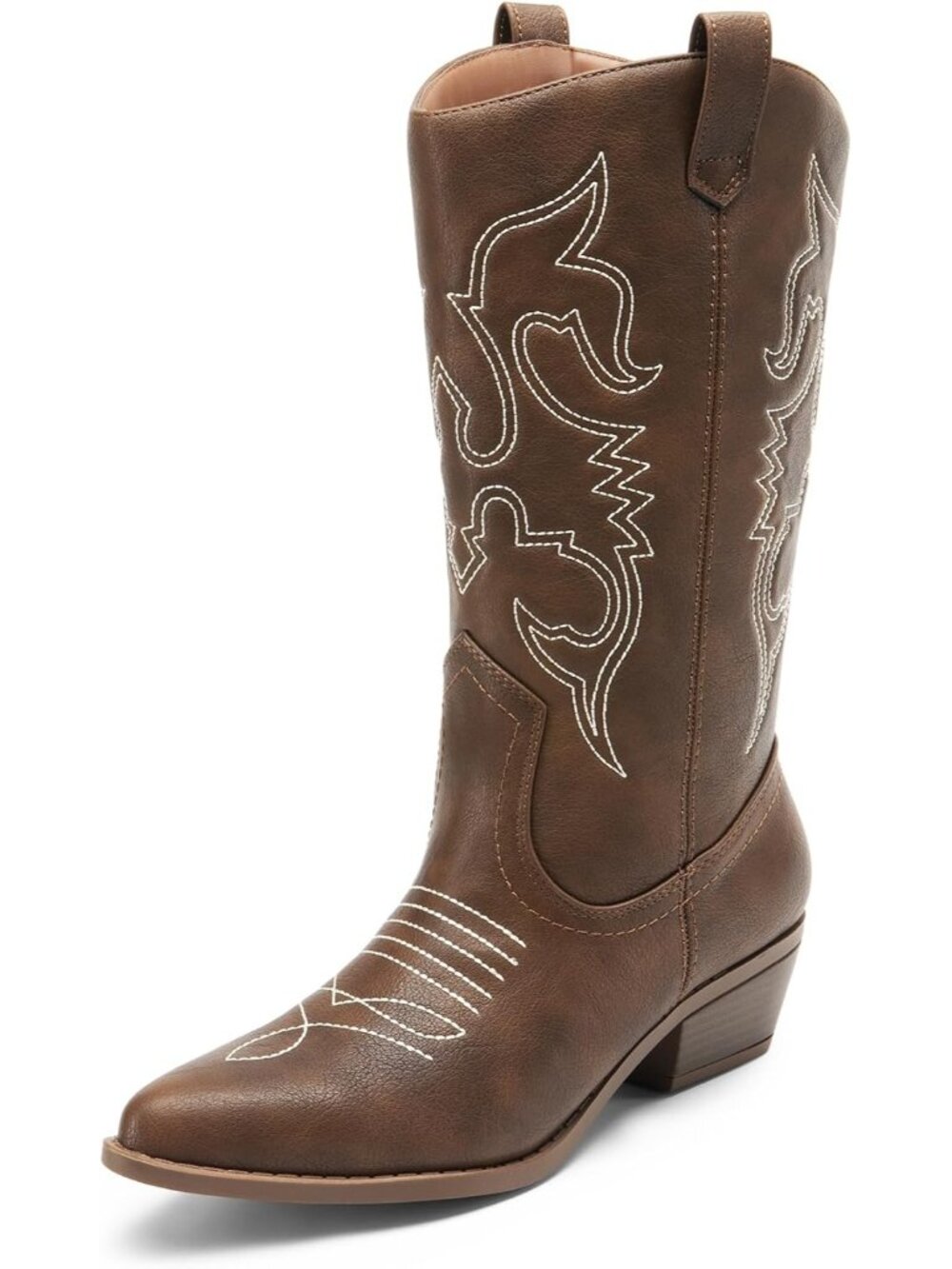Women’s Brown Cowboy Boots Pointed Toe Wide Calf Western Cowgirl Boots Low Heel